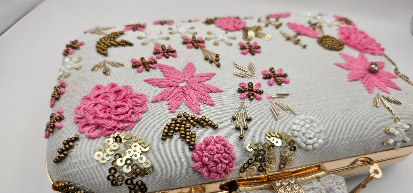 Pink & White Silk Embroidered Clutch Bag