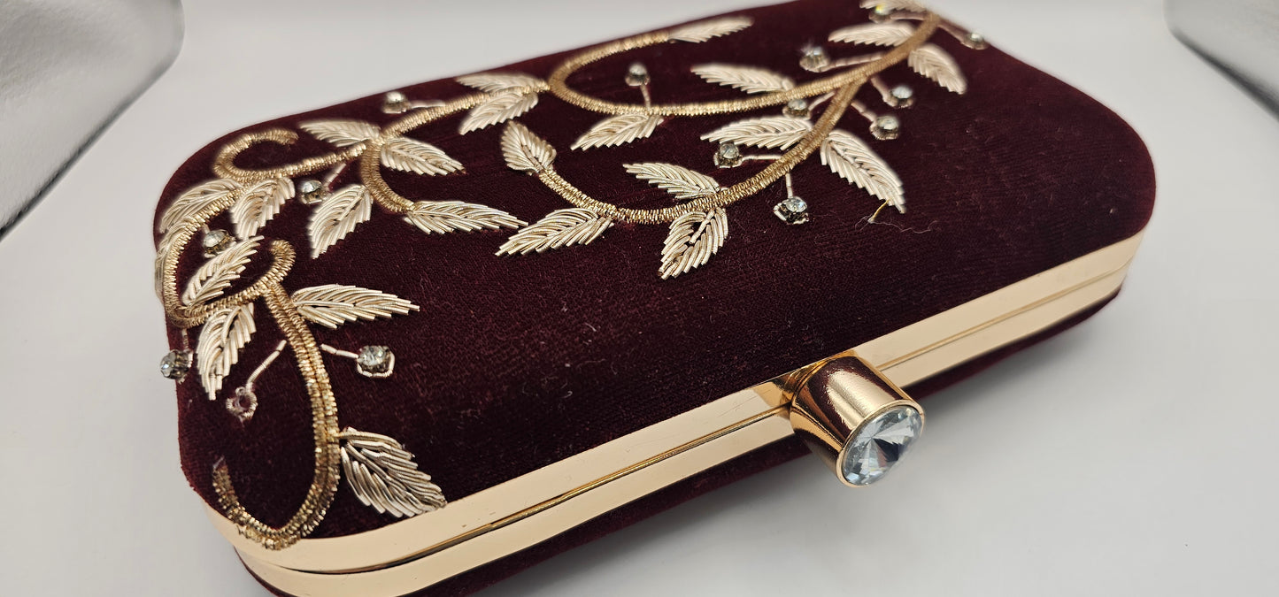 Maroon Velvet Floral Gold Clutch Bag